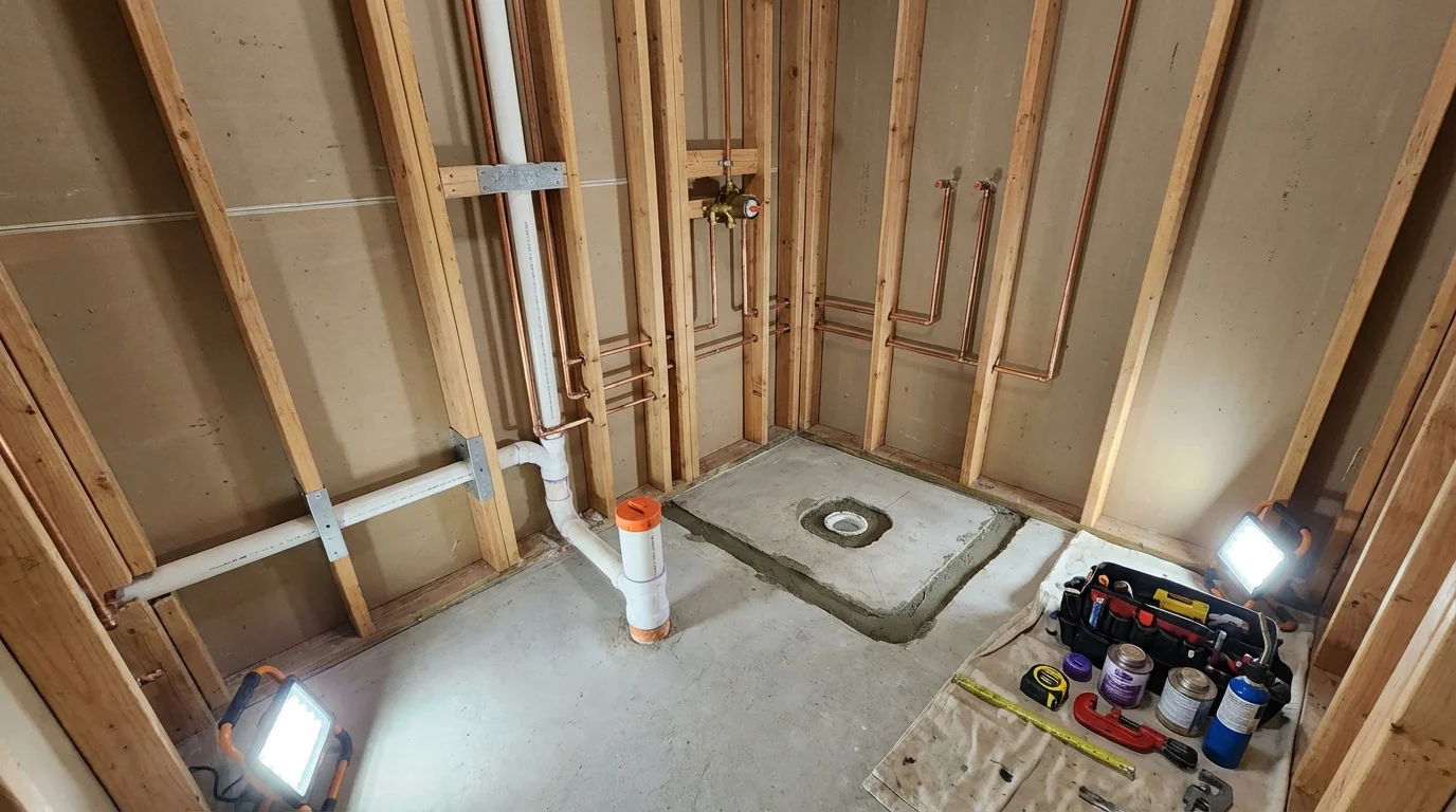 Bathroom rough-in plumbing during remodel by Johns Plumbing LLC in Cuba