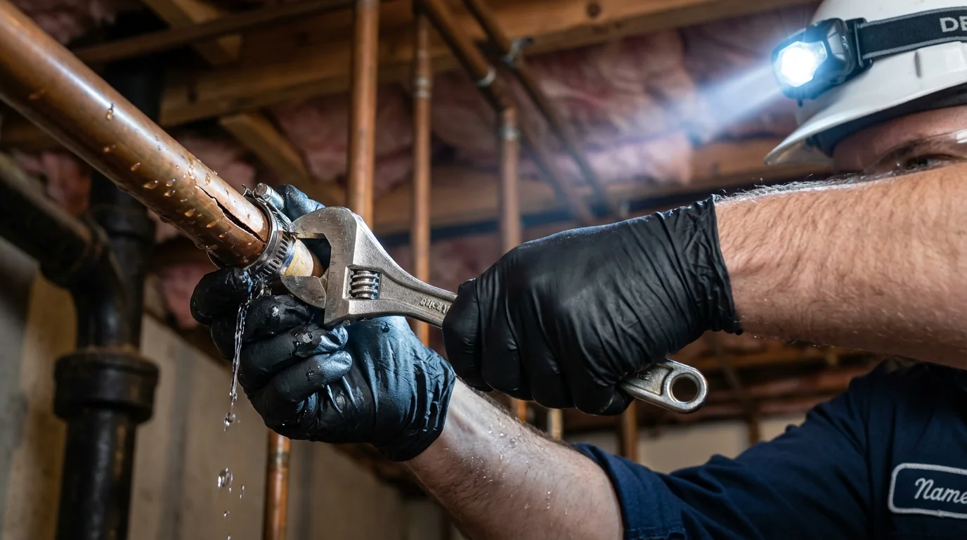 Emergency pipe clamp repair being performed by a Johns Plumbing LLC plumber in Cuba