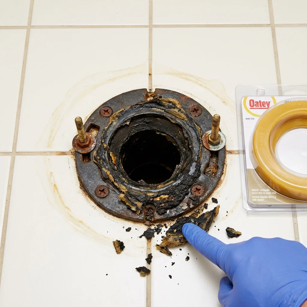 Failed wax ring showing water seepage at the base of a toilet in a Cuba, NY home