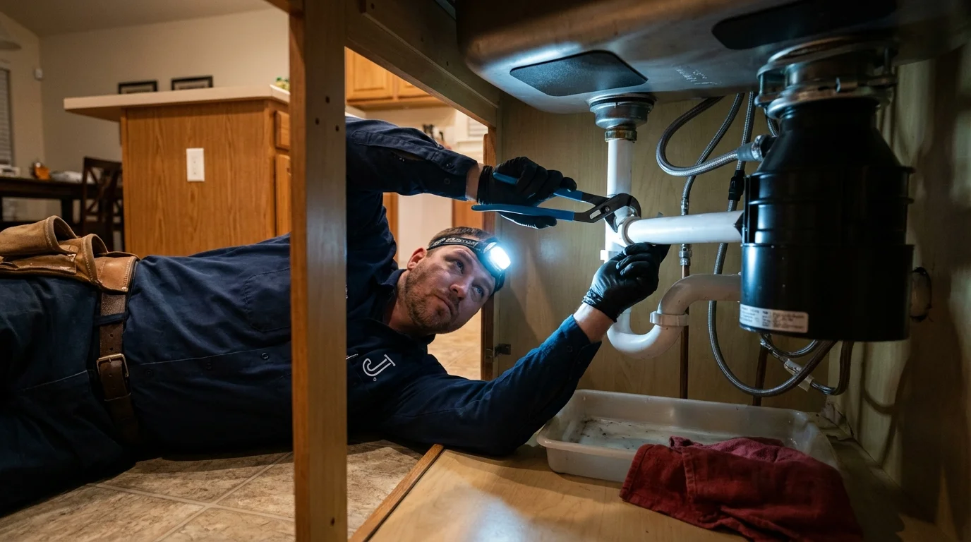 P-trap and supply line connections under a kitchen sink showing a common leak point in Cuba, NY